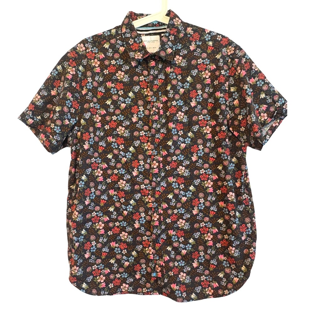 Denim & Flower Ricky Singh Mens L Floral Short Sleeve Button Down Shirt Cotton